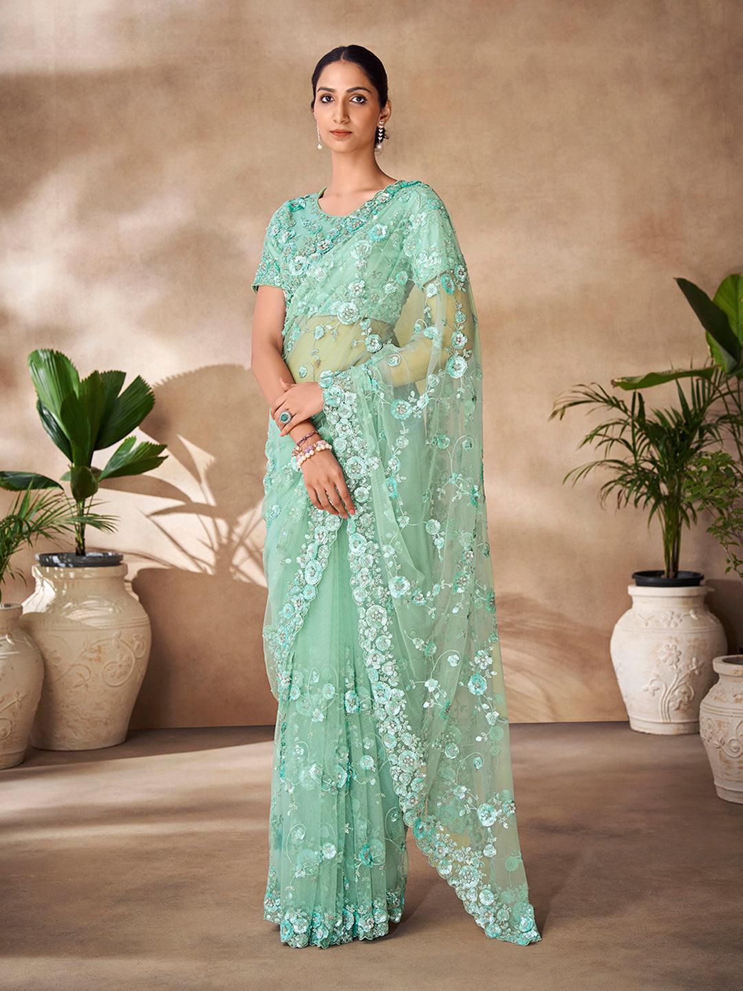 Mint blue net base embroidered and zarkan work saree Clearance Sast