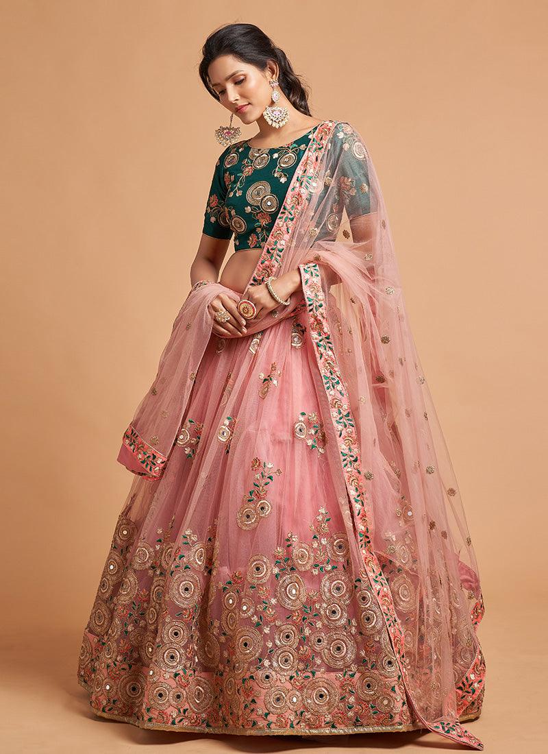 Soft Net Base Peach Color Embroidered Lehenga Choli With Contrast Blouse Hot Sale Cheap Pice