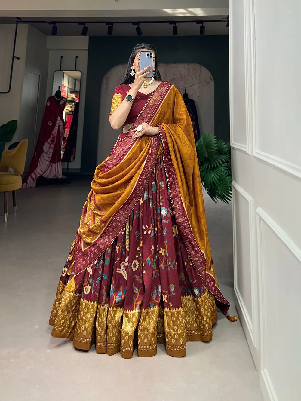 Lovely Maroon Tussar Silk Minakari Printed Lehenga Choli For Sale Free Shipping