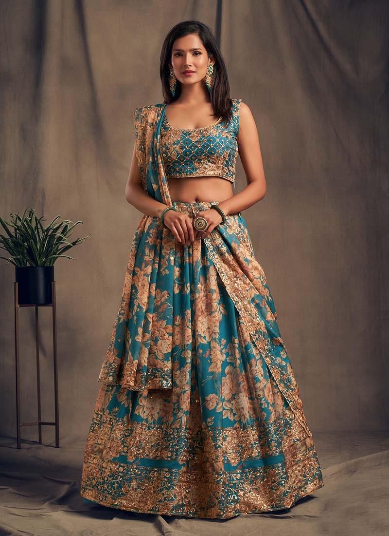 Amazing Teal Blue Color Printed And Sequins Work Organza Base Lehenga Cheap Low Shipping