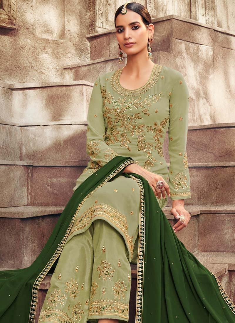 Pastel Green Color Georgette Fabric Resham Work Pant Style Salwar Suit Cheap Sale Professional