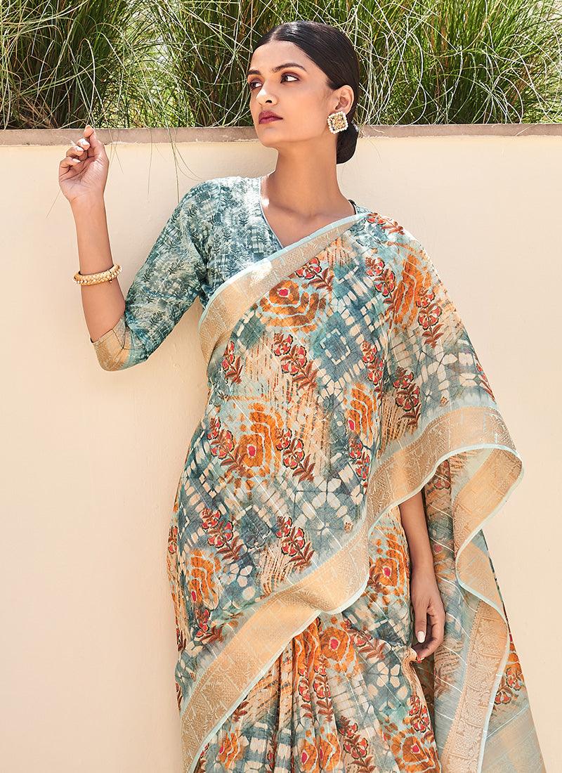 Turquoise Color Delightful Printed Partywear Saree Cheap Sale Shop For