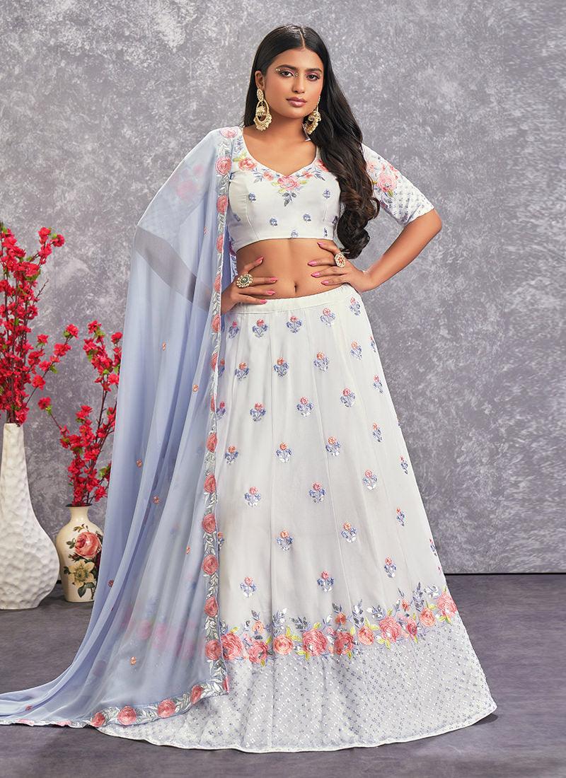 Thread With Sequins White Georgette Lehenga Good Selling Online