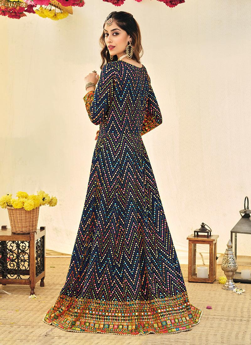 Mirror Work Navy Blue Zig-Zag Pattern Gown Cheap Sale Amazing Pice