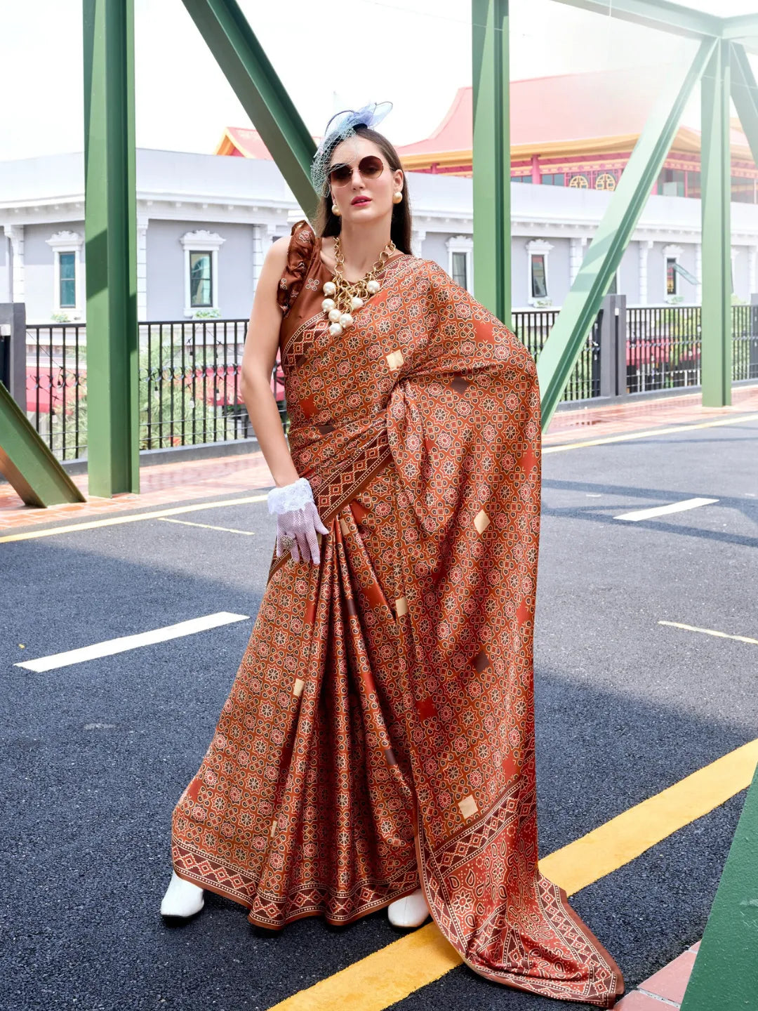 Outstanding Rust Brown Satin Silk Printed Traditional Saree Cheap Sale Manchester