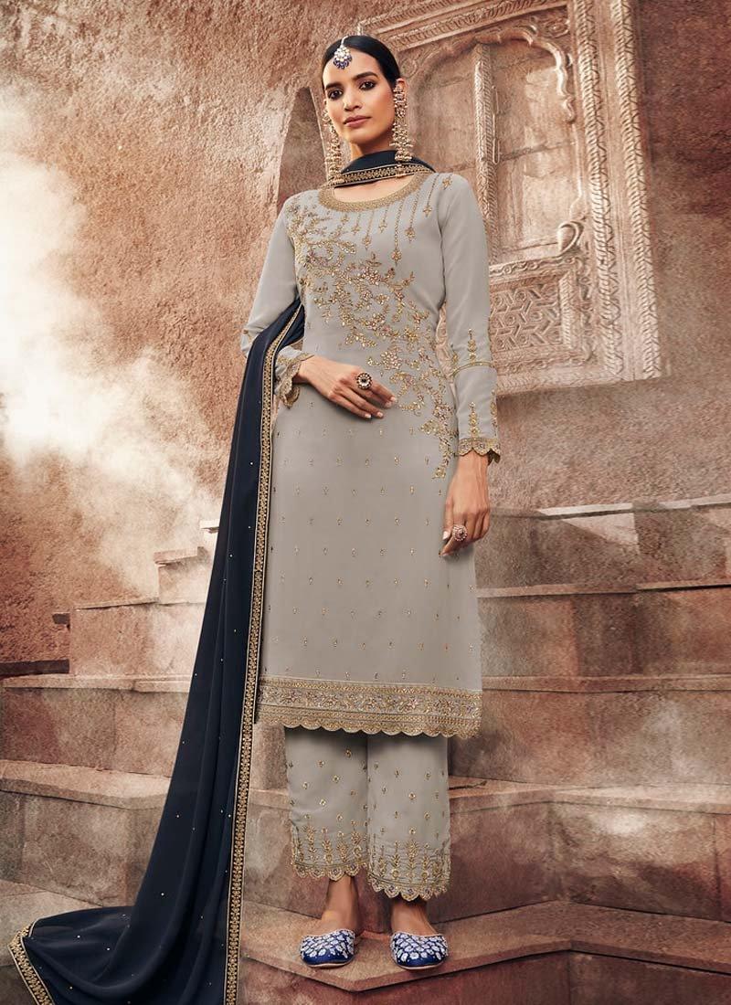 Zari Work Grey Pant Style Suit With Contrast Dupatta Looking For