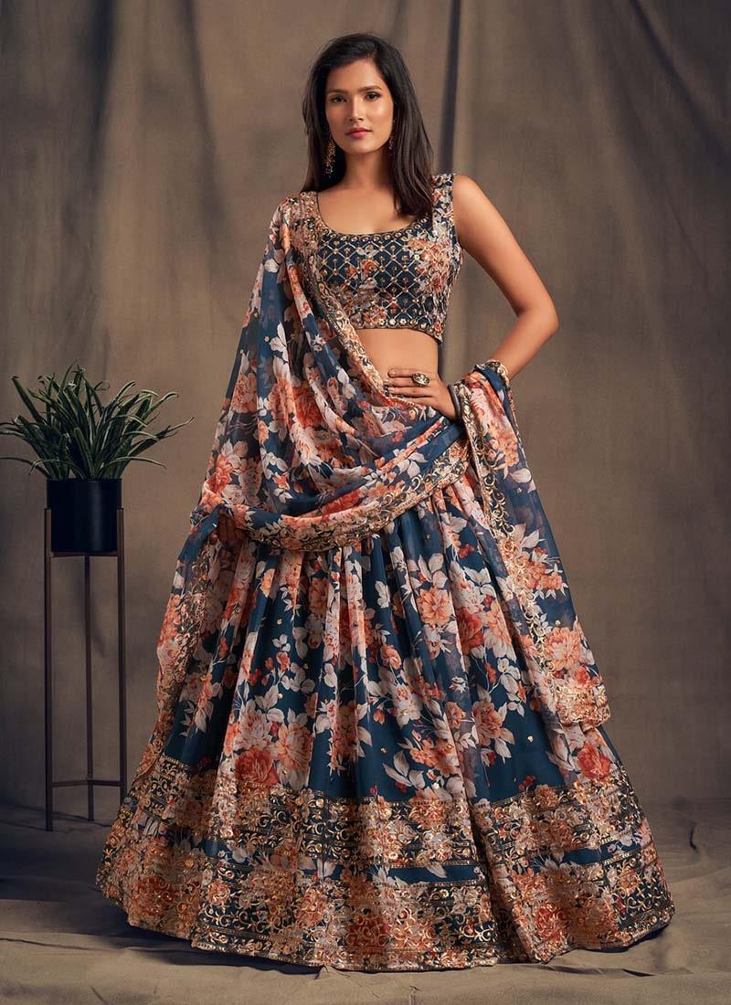 Adorable Navy Blue Color Organza Base Sequins Work Printed Lehenga Release Dates