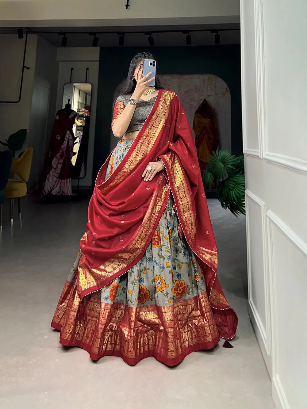 Fabulous Gray Tussar Silk Kalamkari Printed Foil Worked Lehenga Choli Clearance Factory Outlet