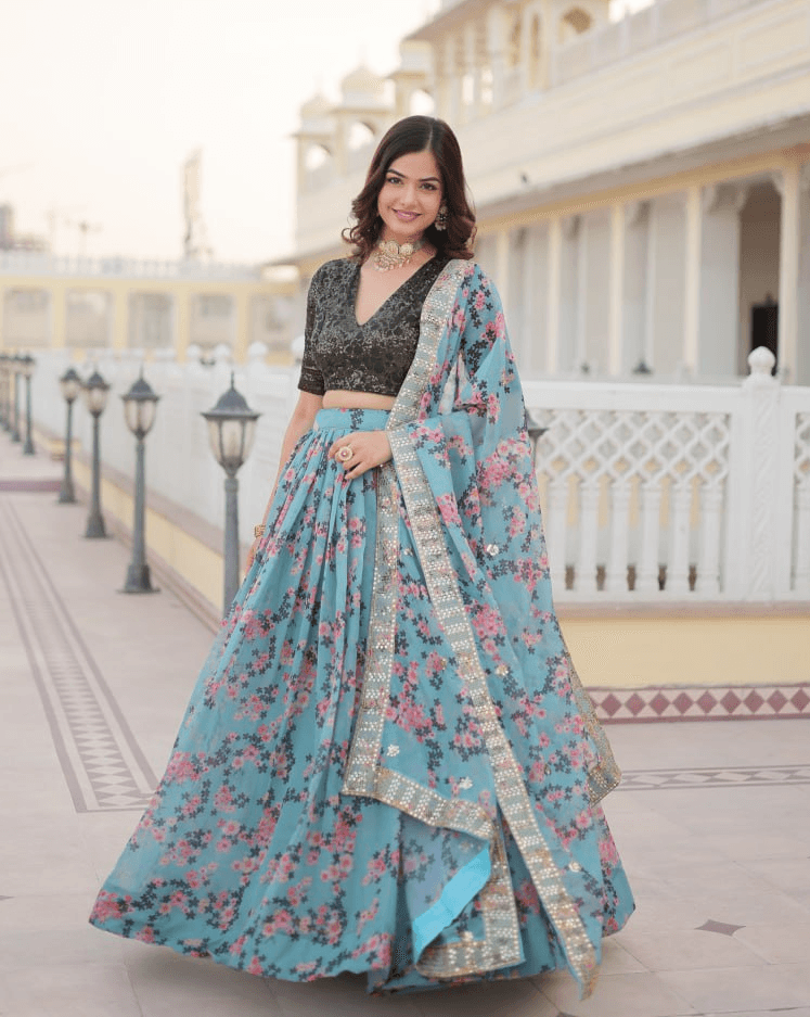 Sky Blue Silk Printed Lehenga with Embroidered Blouse Collections