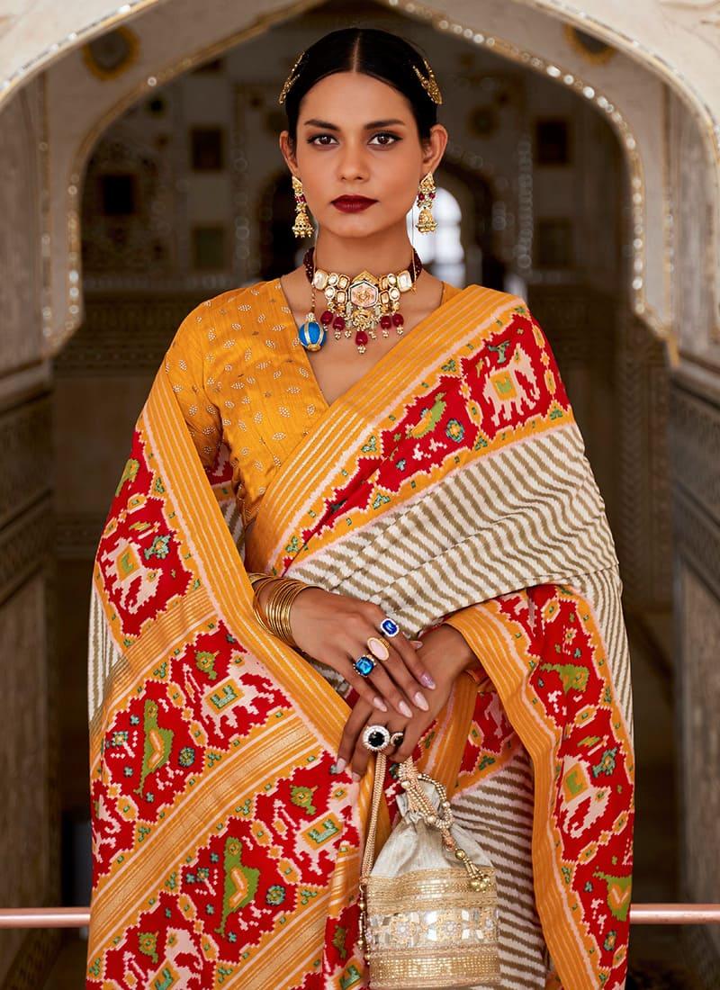 Mustard Yellow Color Patola Silk Material Saree With V Neck Blouse Cheap From China