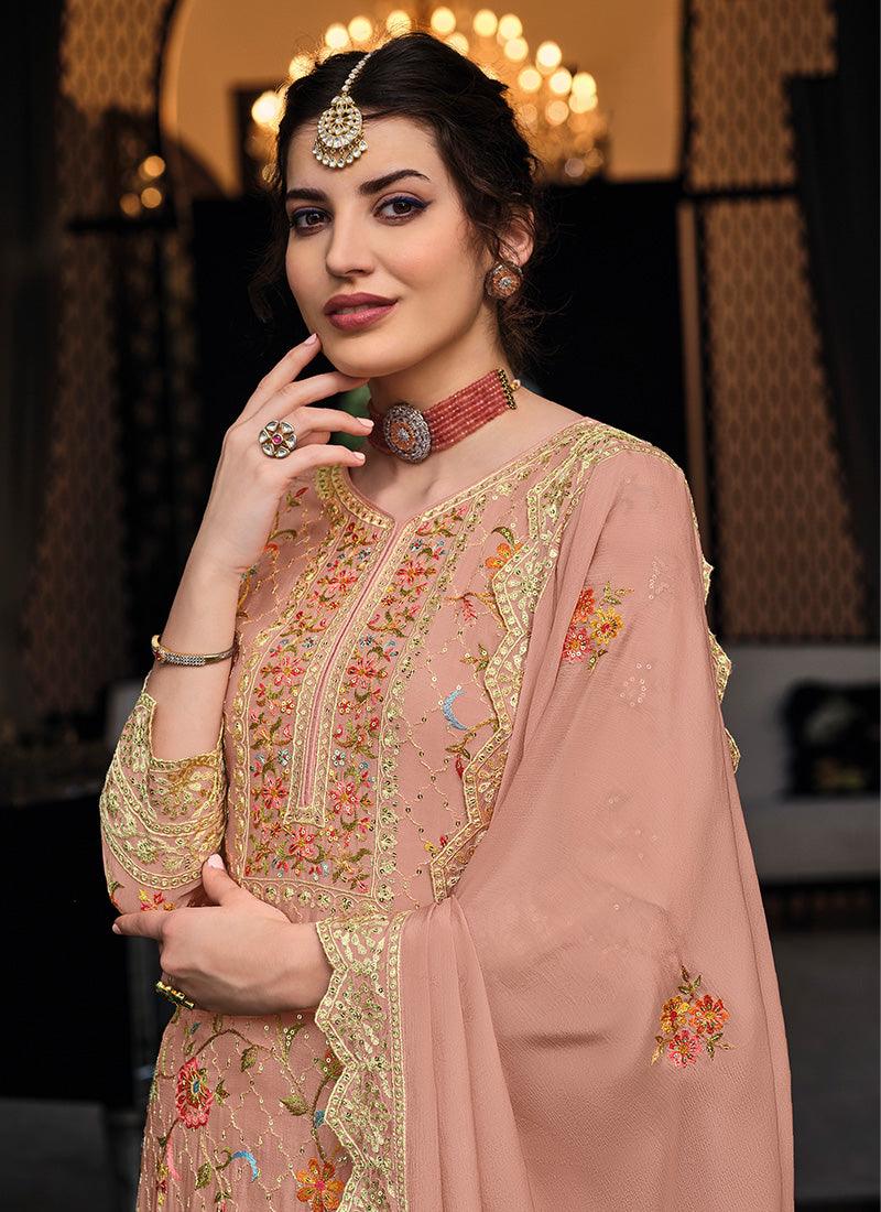 Georgette Base V-Neck Beige Palazzo Suit Factory Outlet