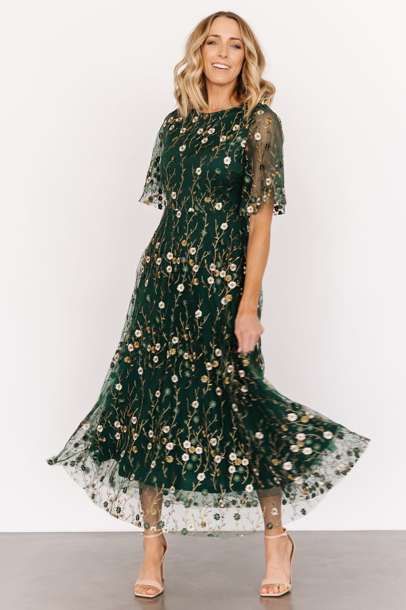 Arabella Embroidered Tulle Maxi Dress | Dark Green Floral Outlet Newest