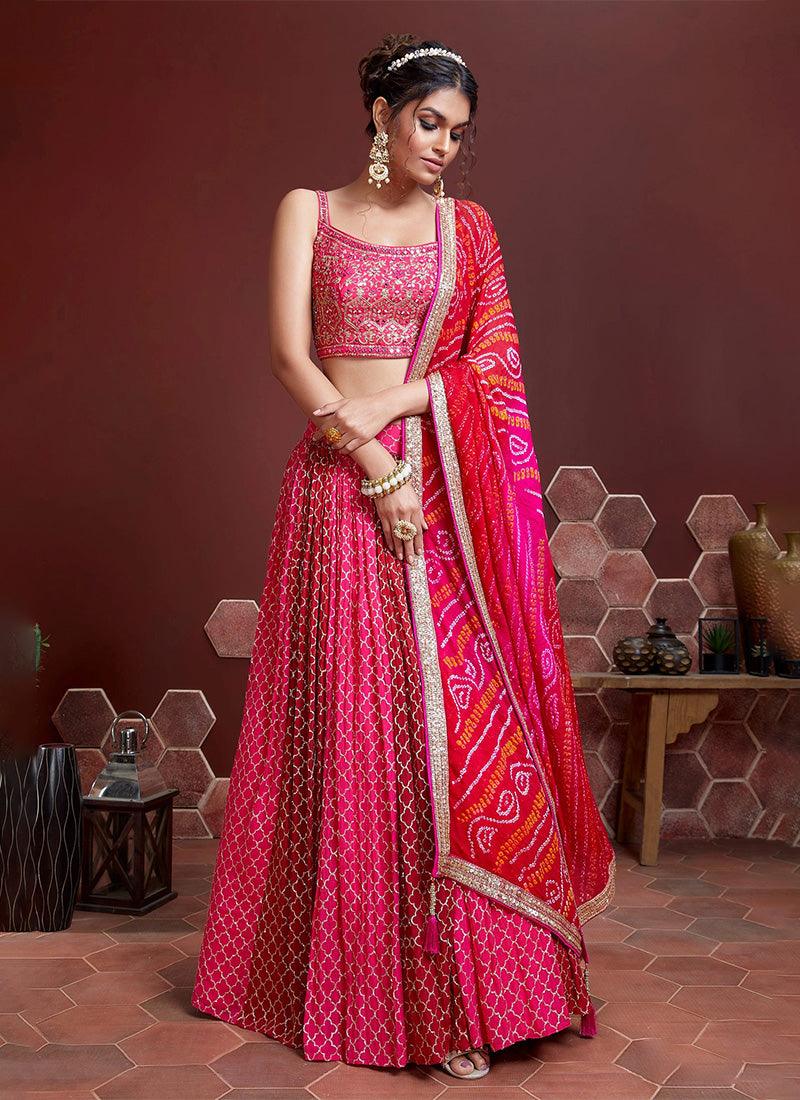 Pink Color Lehenga Heavy Embroidery And Sequins Work With Bandhani Dupatta Cheap View