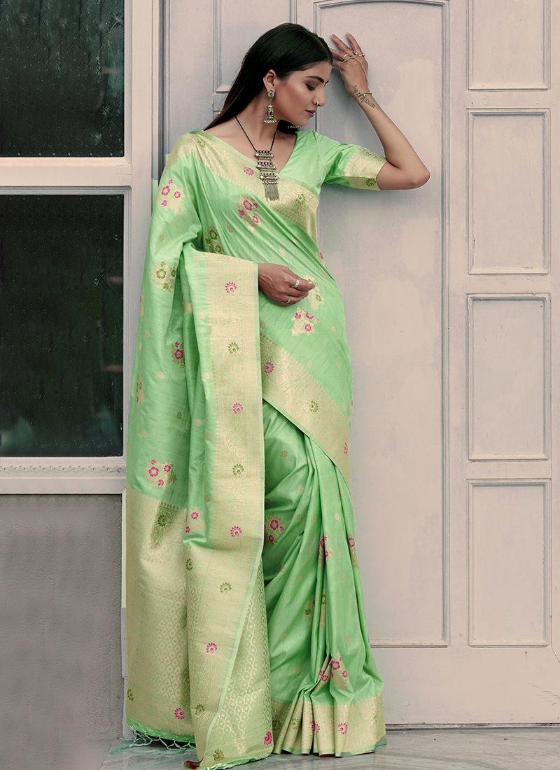 Classic Wear Half Sleeves Green Saree Sale Online Cheap