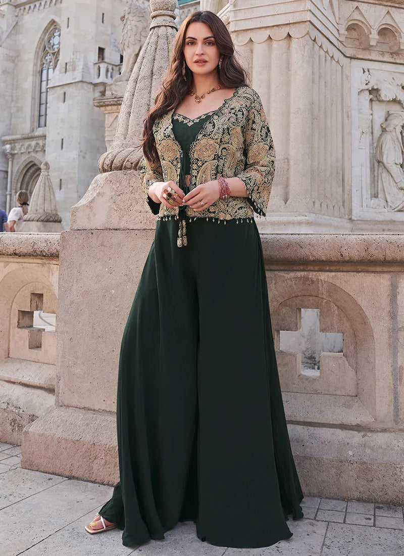 Dark Green Embroidered Jacket Style Designer Palazzo Suit Sale Best Pices