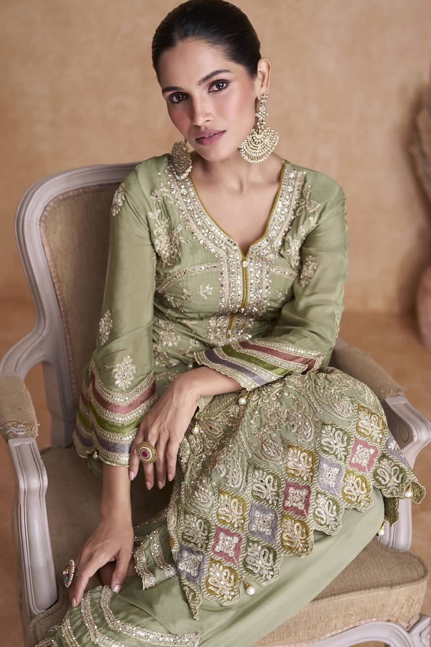 Elegant Olive Green Chinon Embroidered Palazzo Suit Cheap Fashion Style