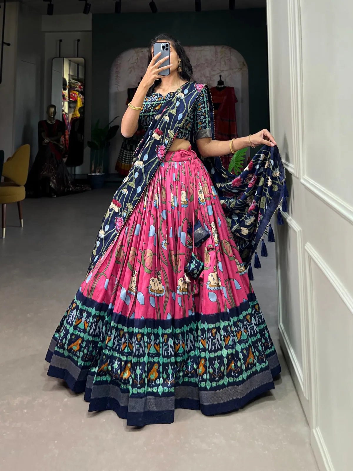 Adorable Pink Patola Print Zari Weaving Border Work Lehenga Choli Cheap Pirce