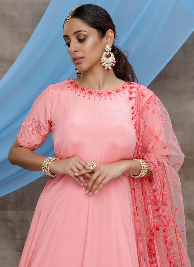 Pink Resham Stone Work Georgette Soft Net Anarkali Salwar Suit Outlet Pices