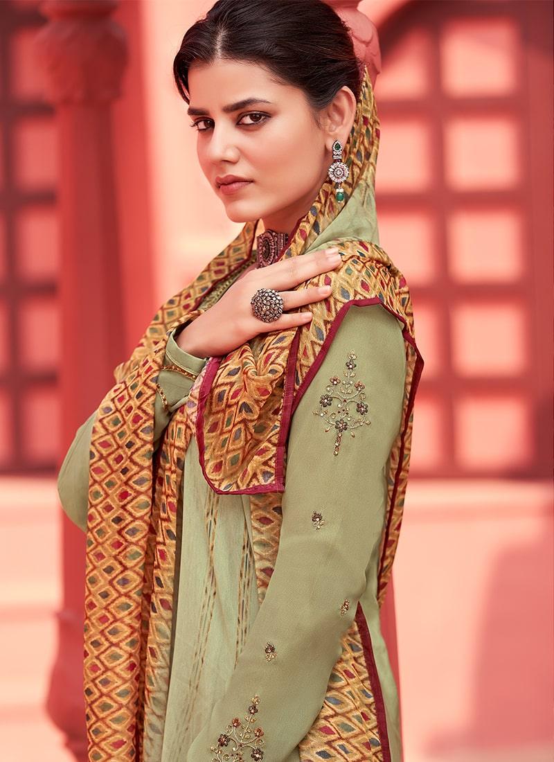 Pista Green Color Crepe Fabric Printed Palazzo Suit With Chiffon Dupatta Pick A Best For Sale