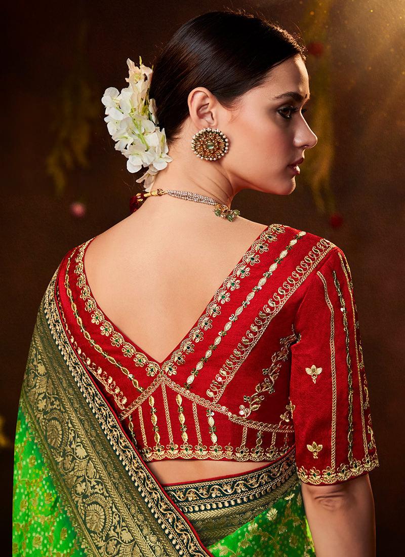 Embroidered Blouse With Light Green Bandhej Saree Free Shipping Shop For