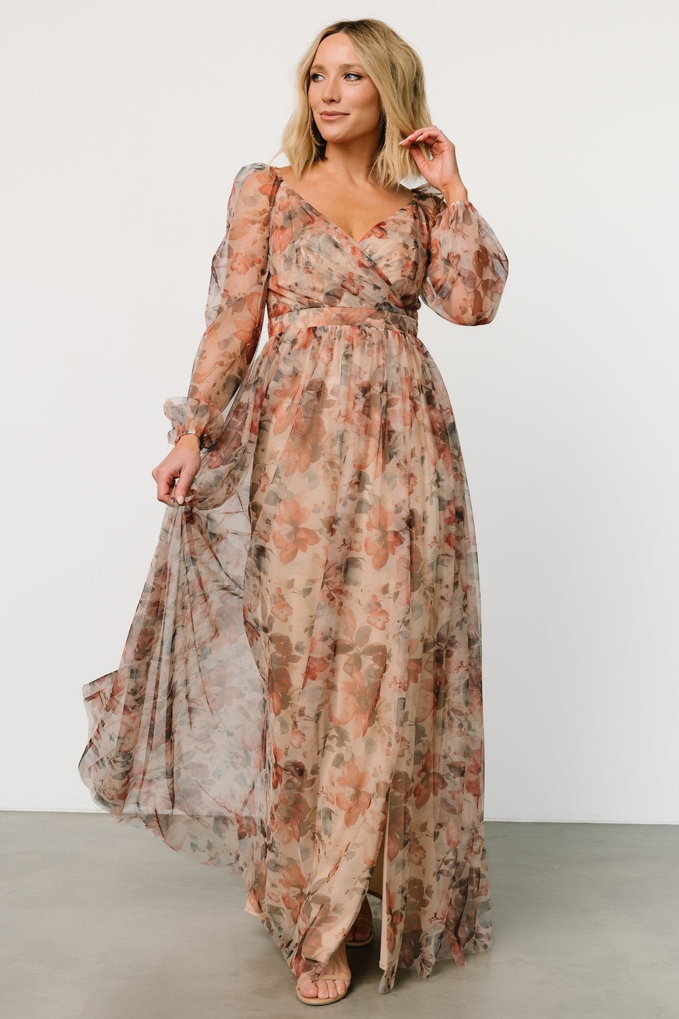 Desiree Tulle Maxi Dress | Taupe Floral Top Quality For Sale