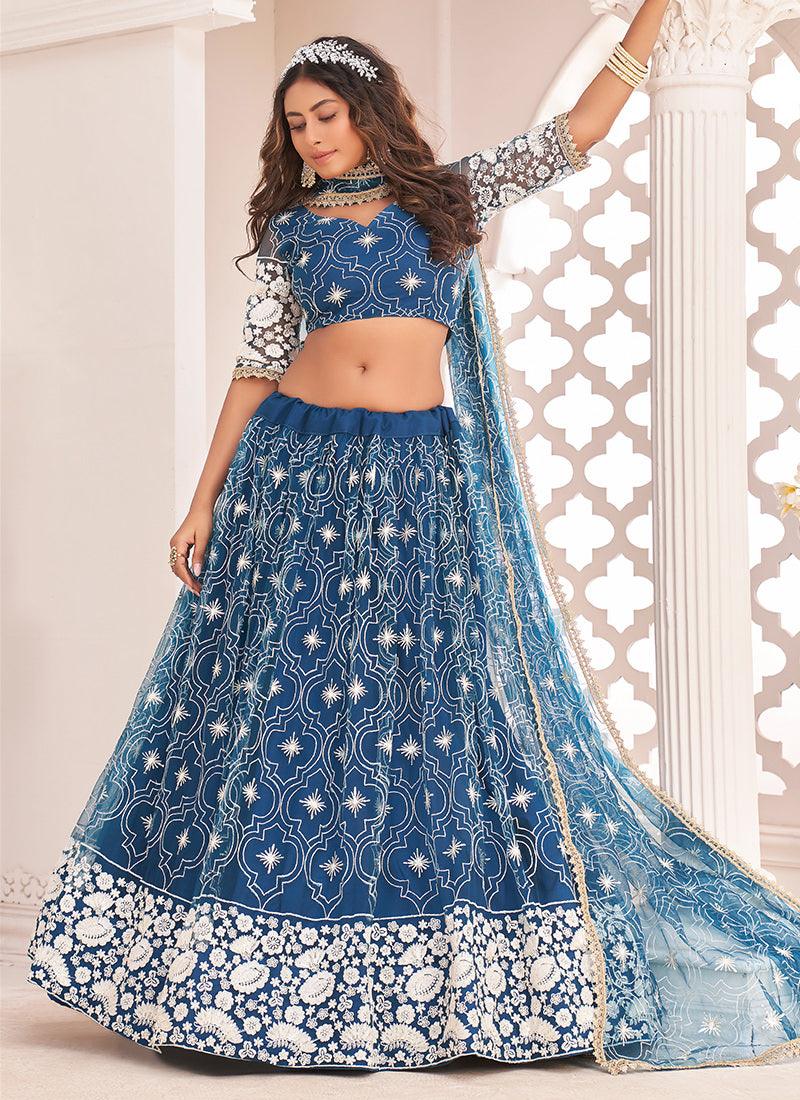 Blue Color Soft Net Wedding Lehenga 2025 Online