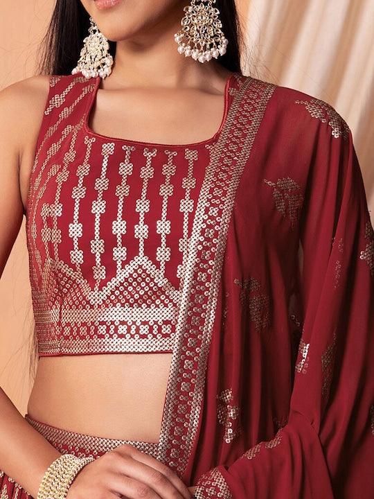 Maroon Georgette Sequinned pleated Lehenga Choli Cheap Discounts