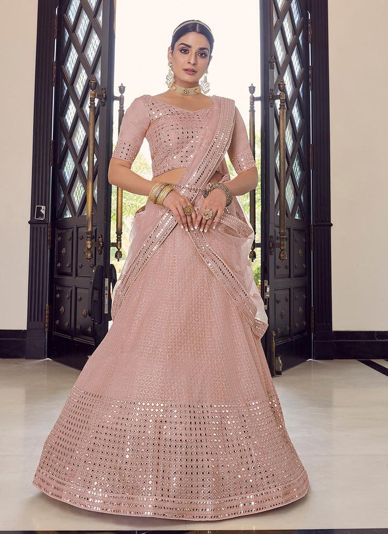 Foil Mirror Work Half Sleeves Blouse Peach Color Lehenga Choli Sale Big Discount