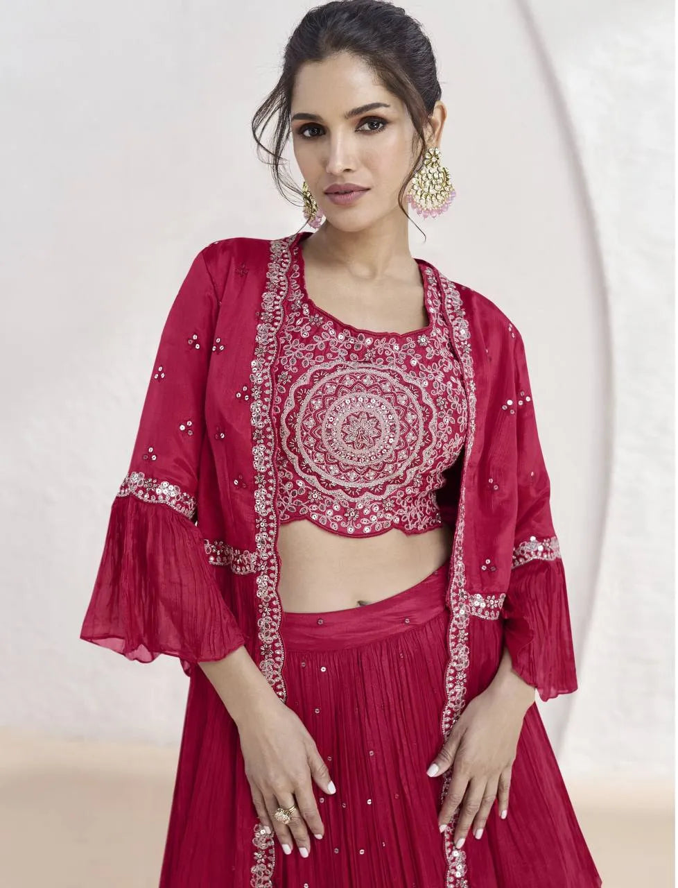 Ravishing Red Embroidered Chinon Lehenga Choli With Jacket Brand New Unisex