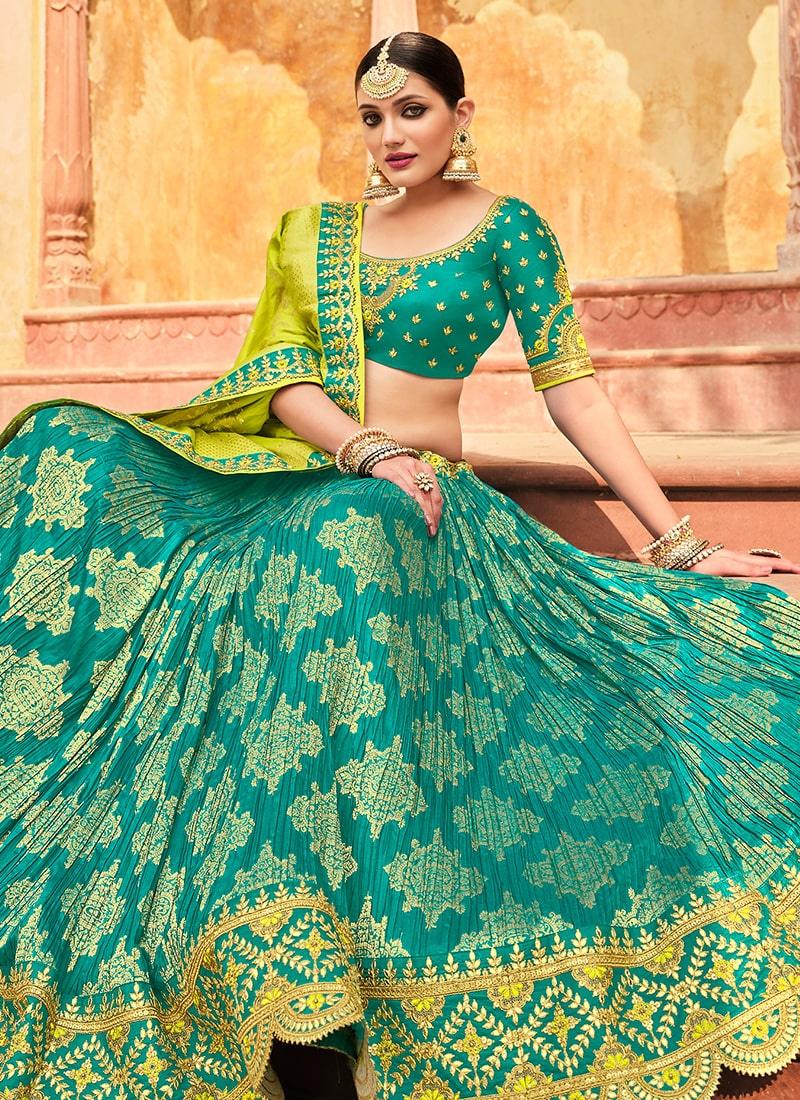 Turquoise Color Silk Material Zari And Silk Weave Work Lehenga 100% Authentic For Sale