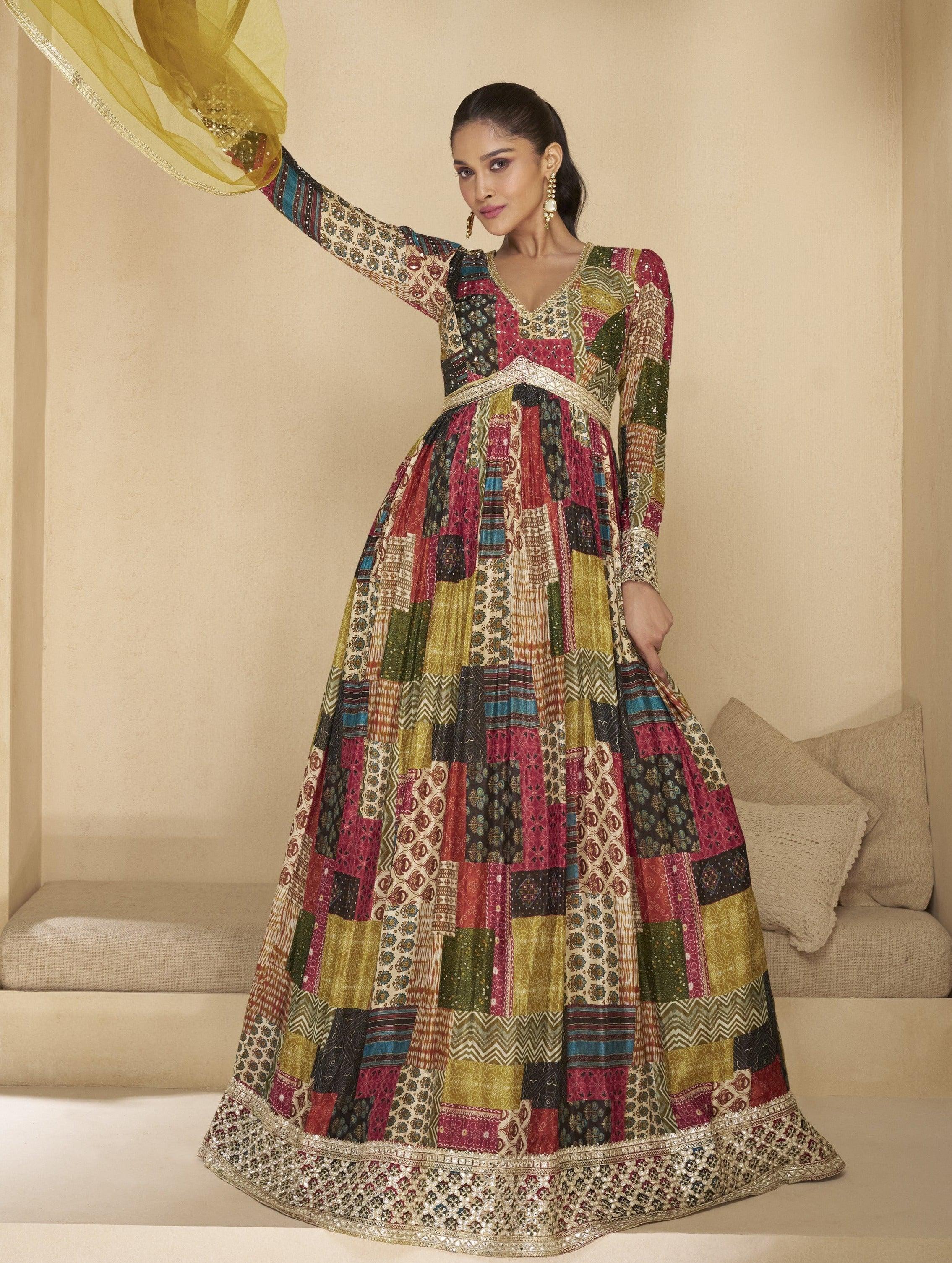 Multicolored Pure Georgette Digital Printed Embroidered Designer Gown Popular Sale Online