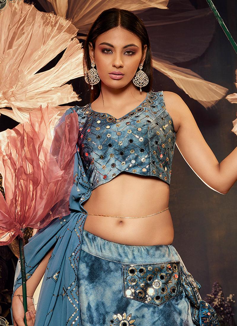 Shibori Print With Heavy Mirror Teal Blue Lehenga Clearance Store Sale Online