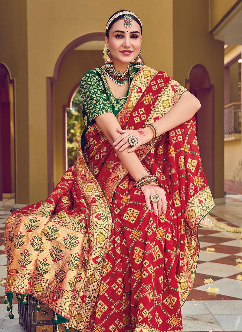 Double Blouse Georgette Base Red Patola Saree Fashion Style Online