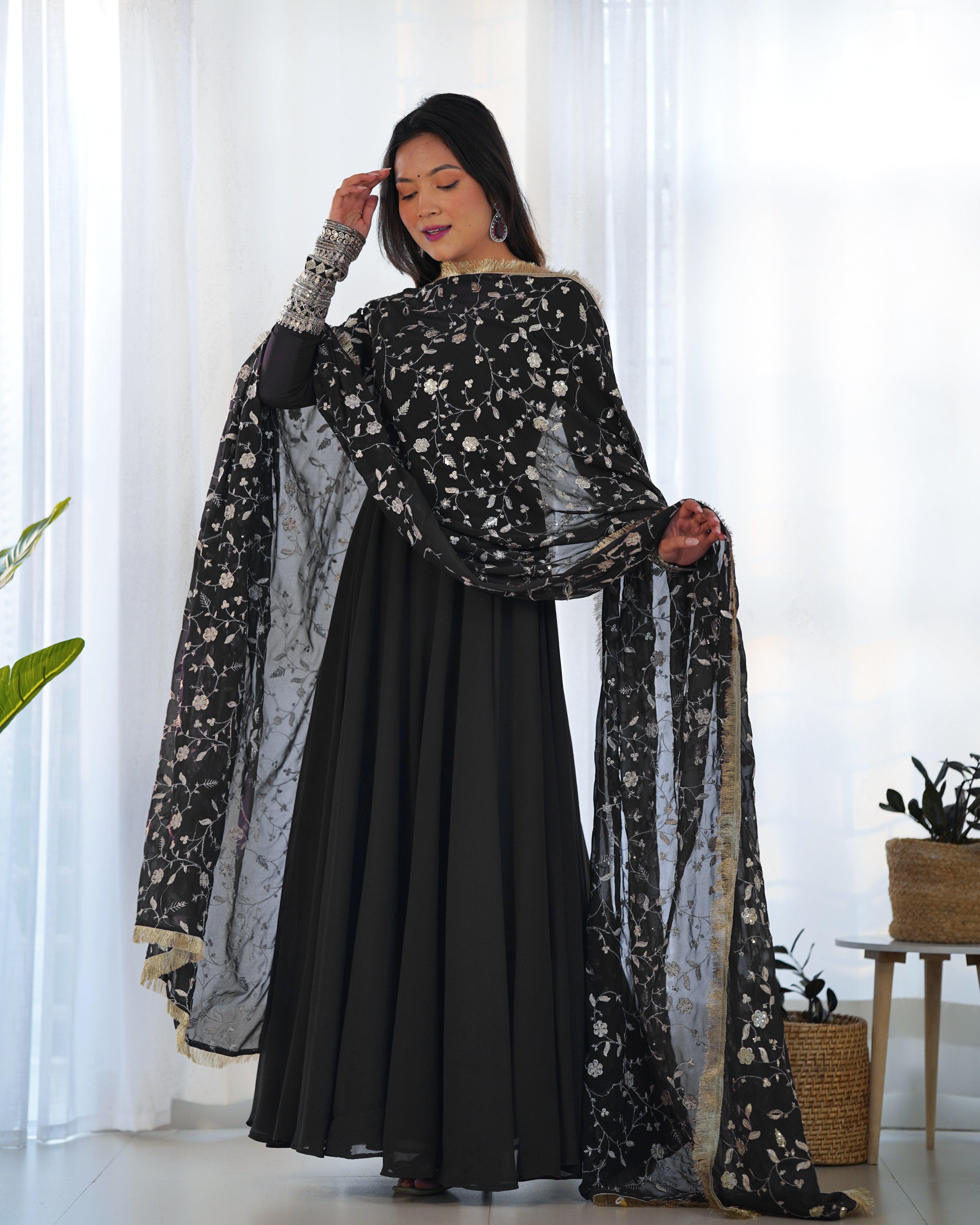 Black Color Georgette Gown With Applique Work Dupatta Buy Cheap With Mastercard