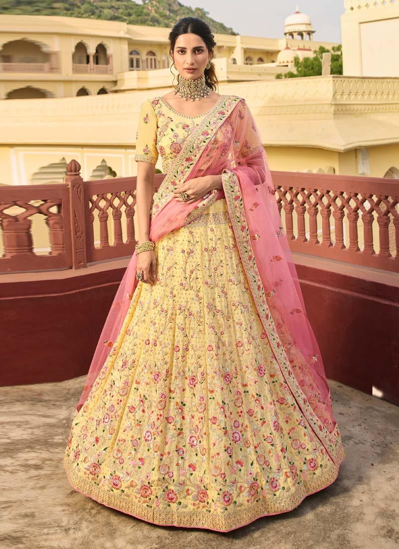 Zari And Stone Work Organza Fabric Yellow Color Lehenga With Net Dupatta Sale Original