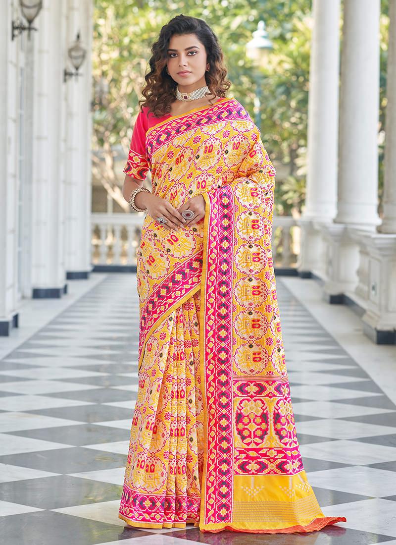 Yellow Patola Print Silk Weaving Saree Low Cost Online