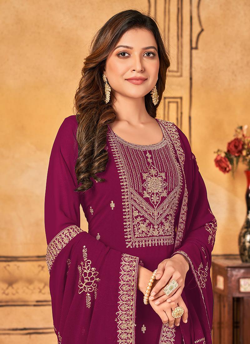 Embroidered Maroon Georgette Pant Style Suit Free Shipping Sast