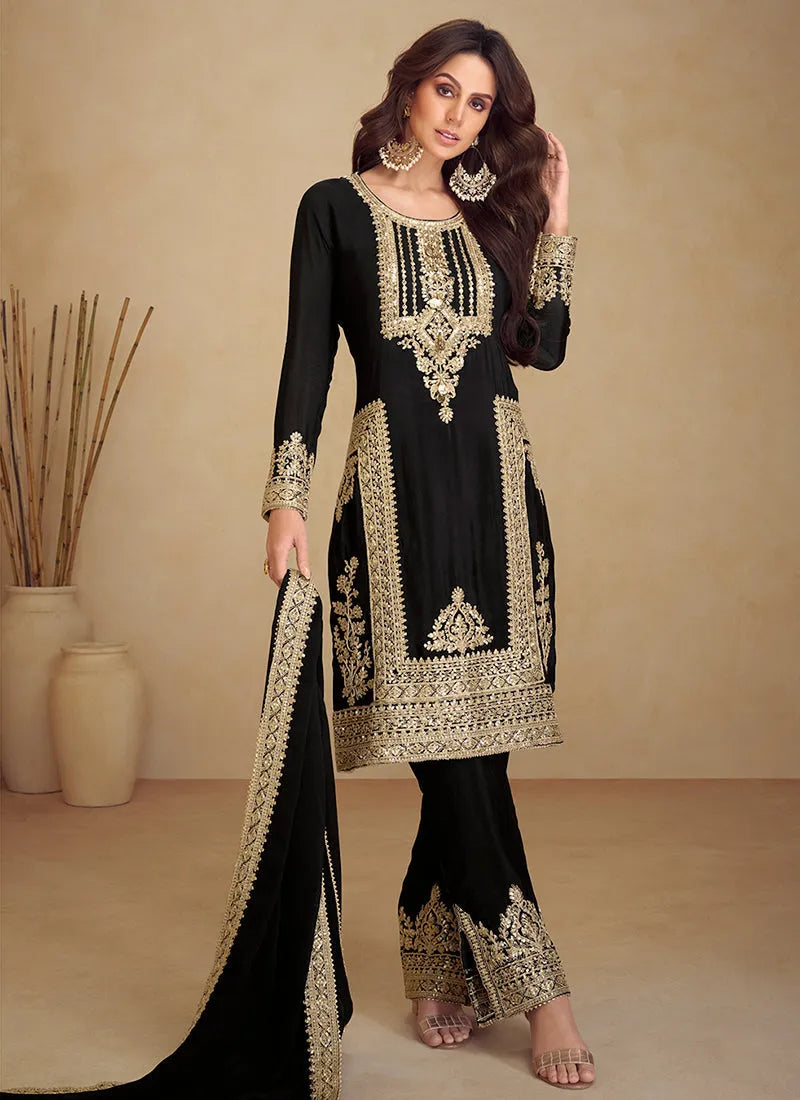 Black Golden Embroidered Pakistani Pant Style Suit Discount Pay With Paypal