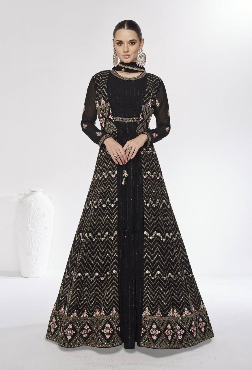 Classic Black Embroidered Faux Georgette Gown With Jacket Sale Wide Range Of