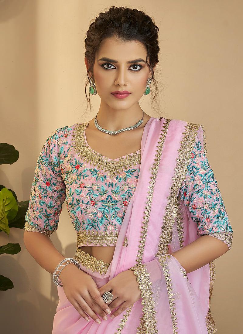 Resham And Zari Work Blouse With Pink Saree Looking For For Sale