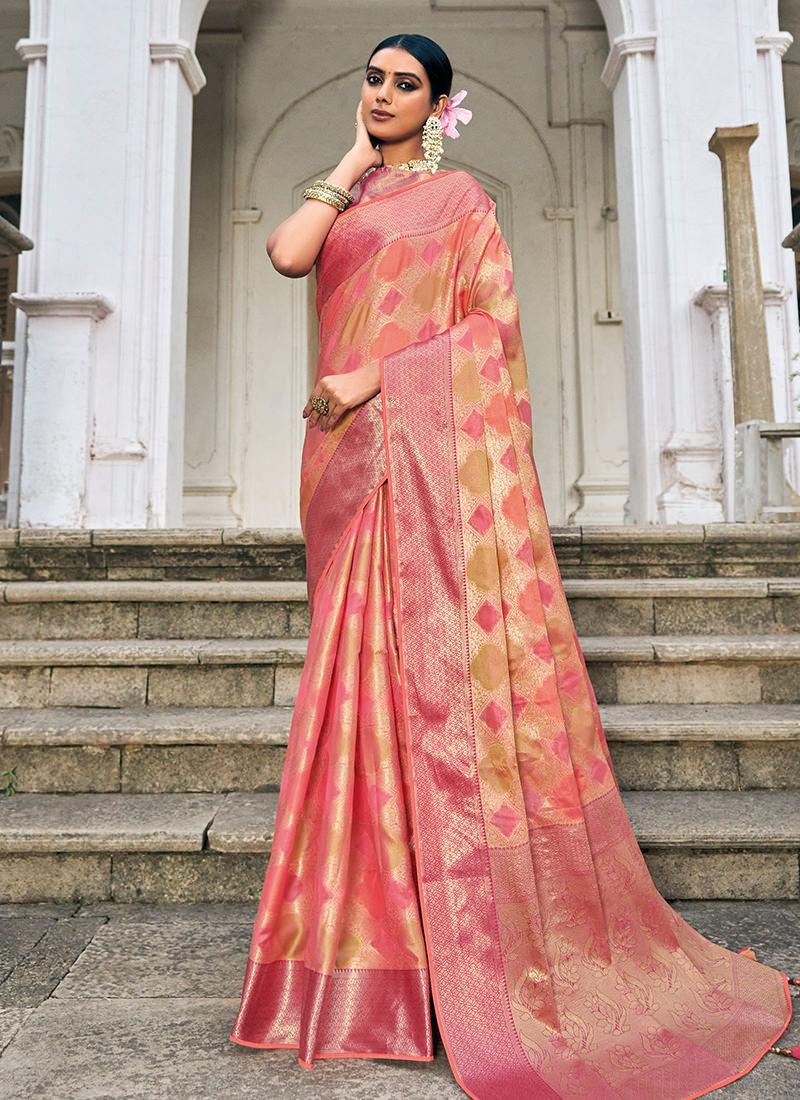 Classic Wear Printed Peach Organza Saree Cheap Order