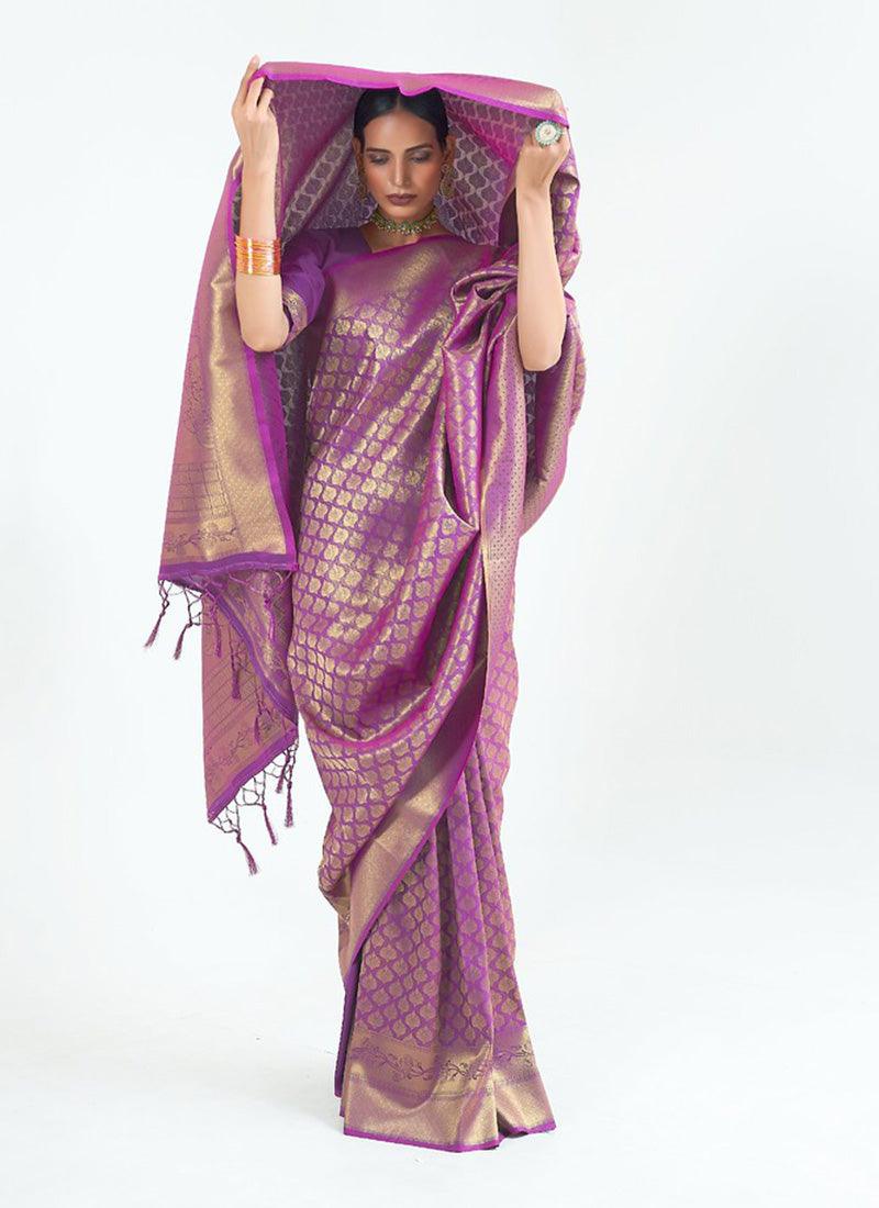 Engaging Look Purple Color Silk Fabric Silk Weave Embroidered Saree Latest