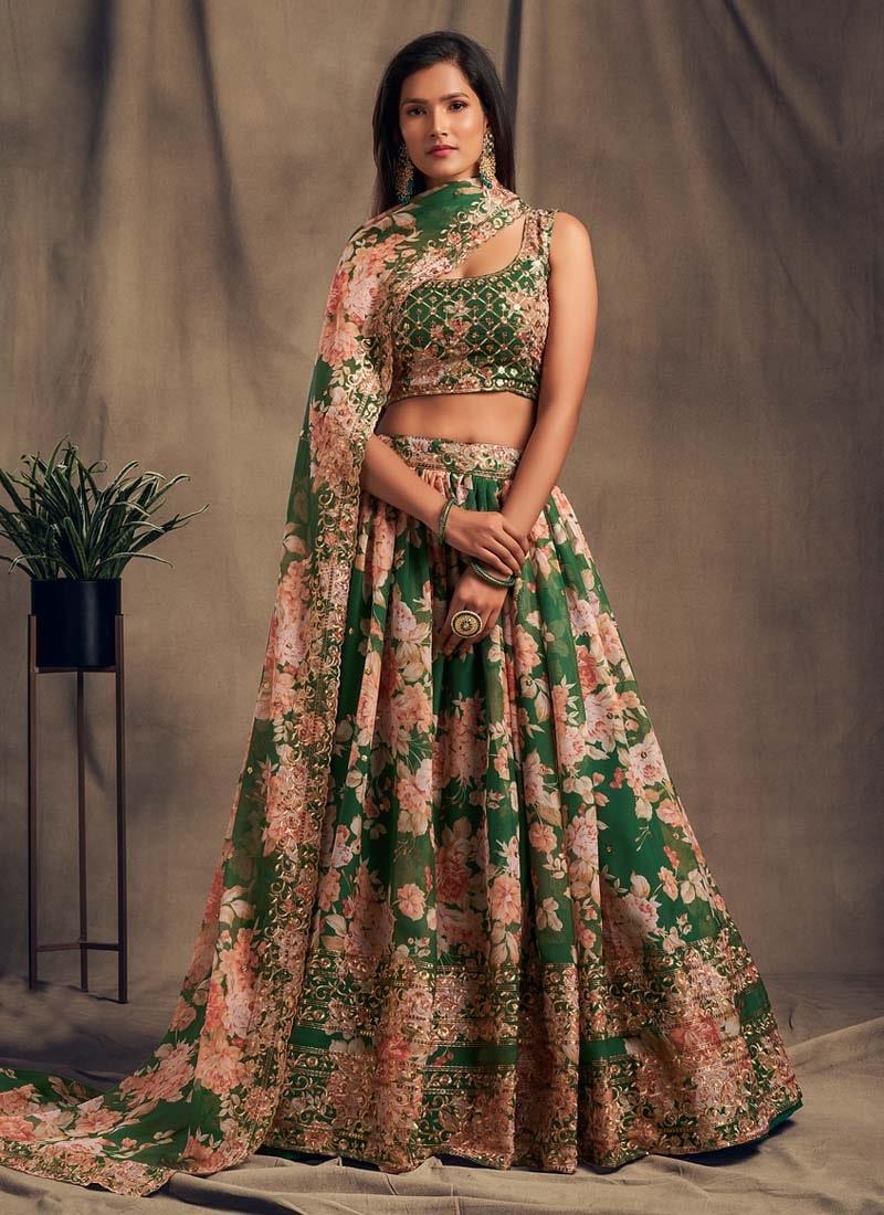 Engrossing Organza Base Sequins Work Green Color Printed Lehenga Fashion Style Cheap Online