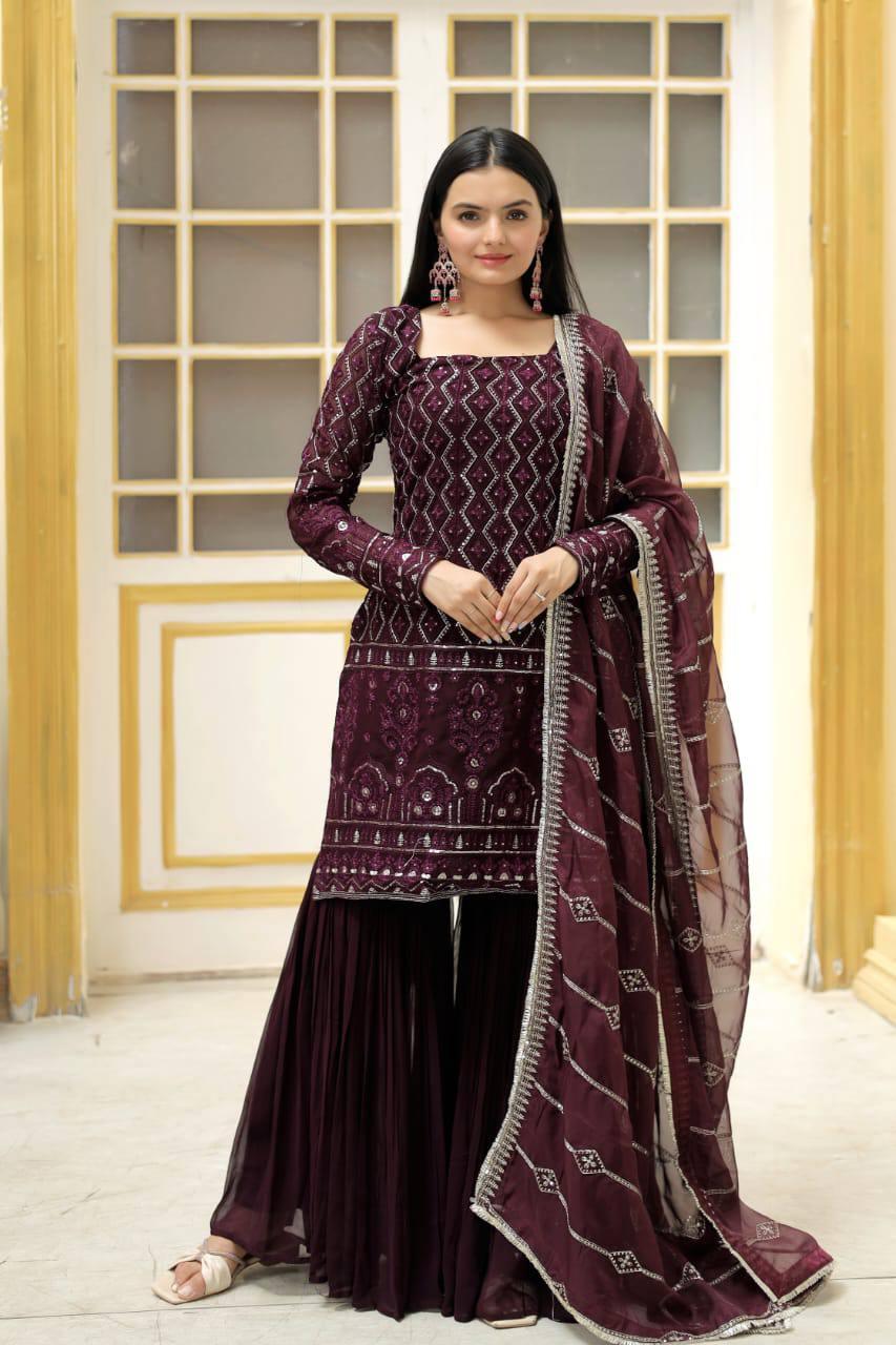 Stunning Faux Georgette Sequins Embroidered Top Sharara Set Cheap Sale Footlocker Finishline