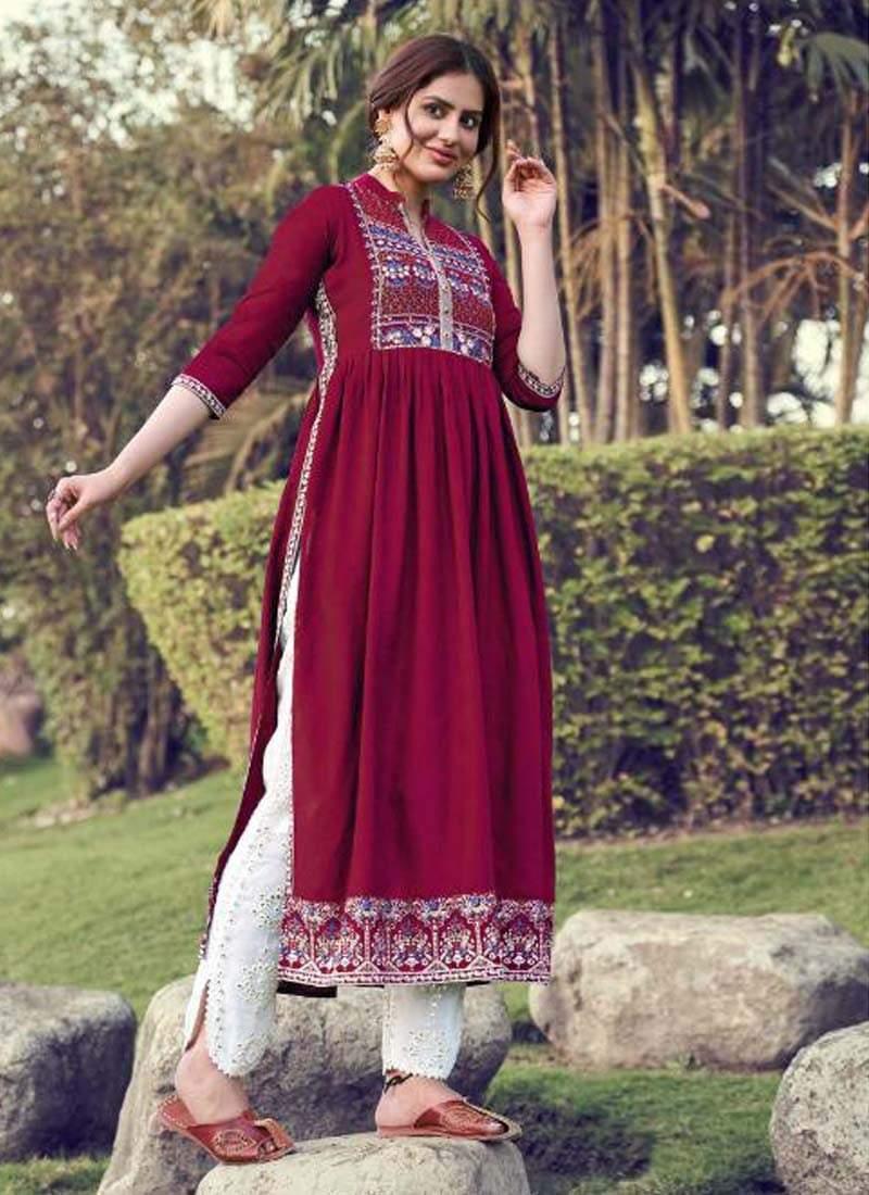 Art Silk Base Resham Work Maroon Color Lucknowi Style Salwar Suit Online Online Cheap Online