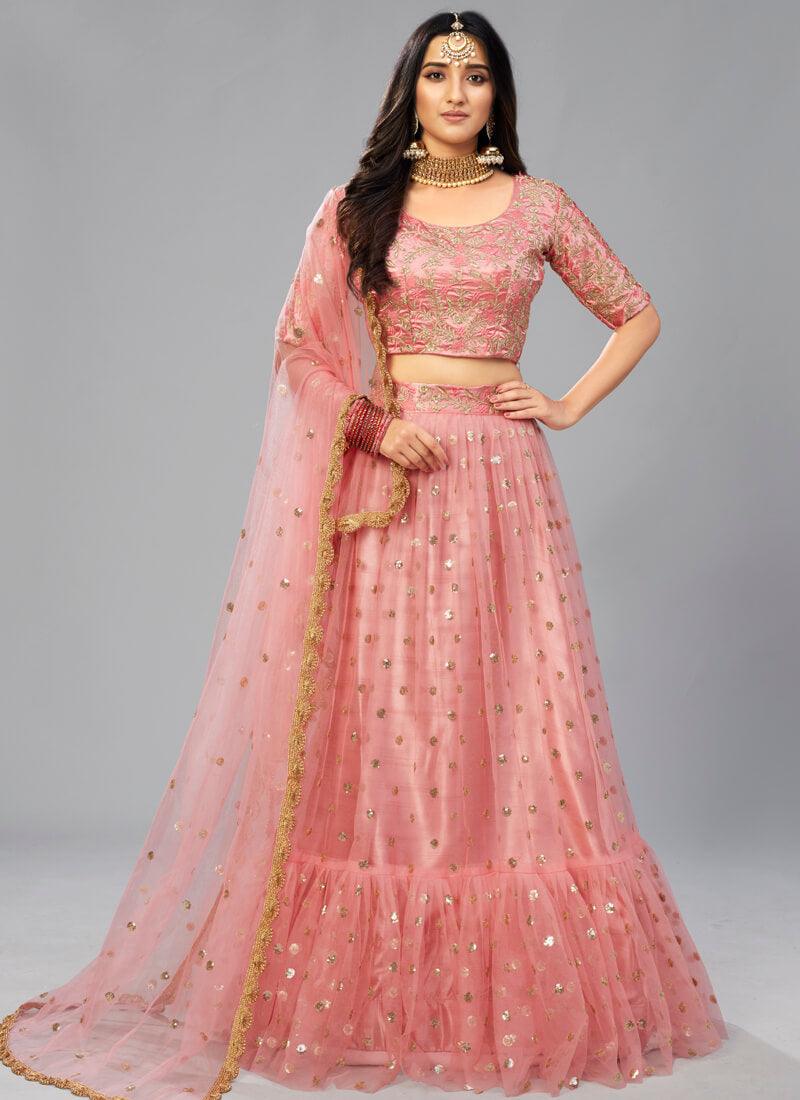 Unbeatable Peach Pink Soft Net Flared Sangeet Wear Lehenga Choli Free Shipping Shop Offer