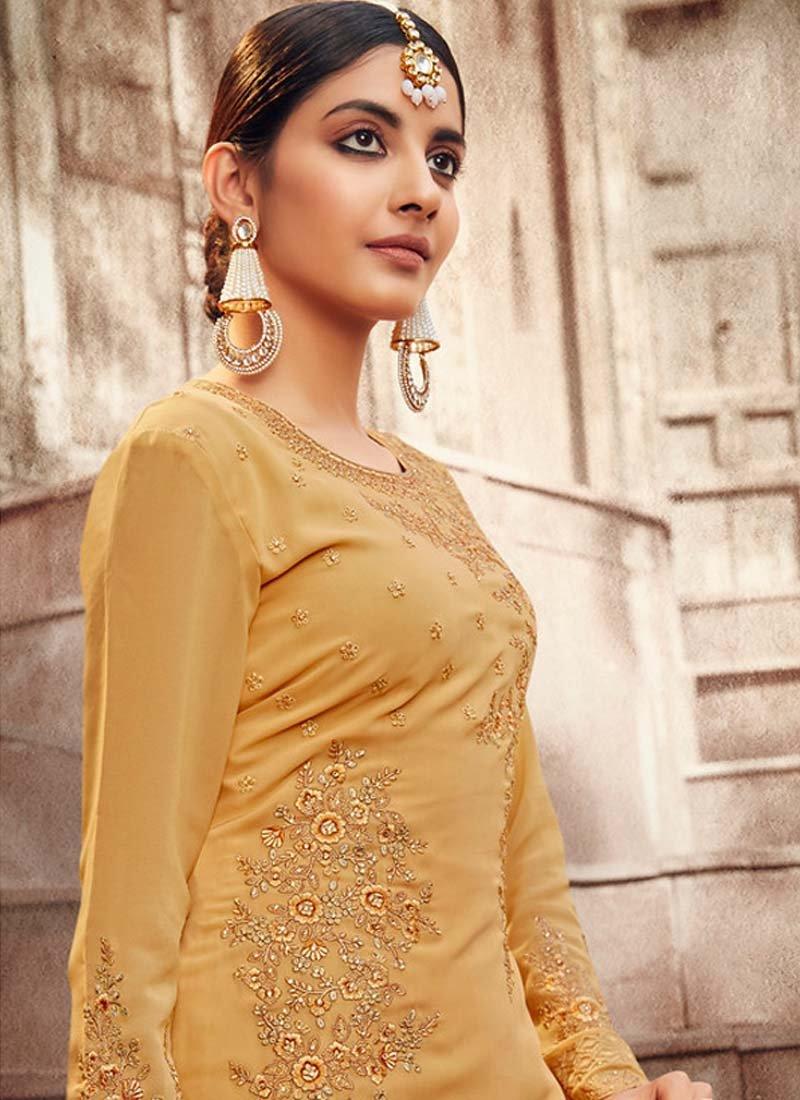 Yellow Color Georgette Base Zari Work Salwar Kameez With Contrast Dupatta Free Shipping Genuine