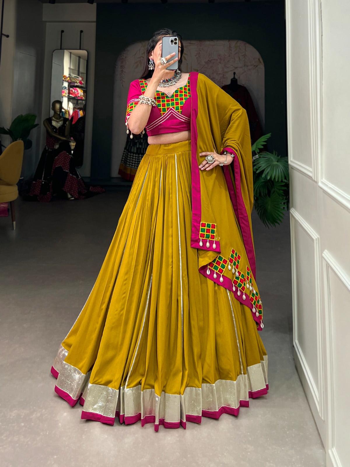 Mustard Pure Rayon Gota Patti Border Worked Navratri Lehenga Set Clearance Cheap Real