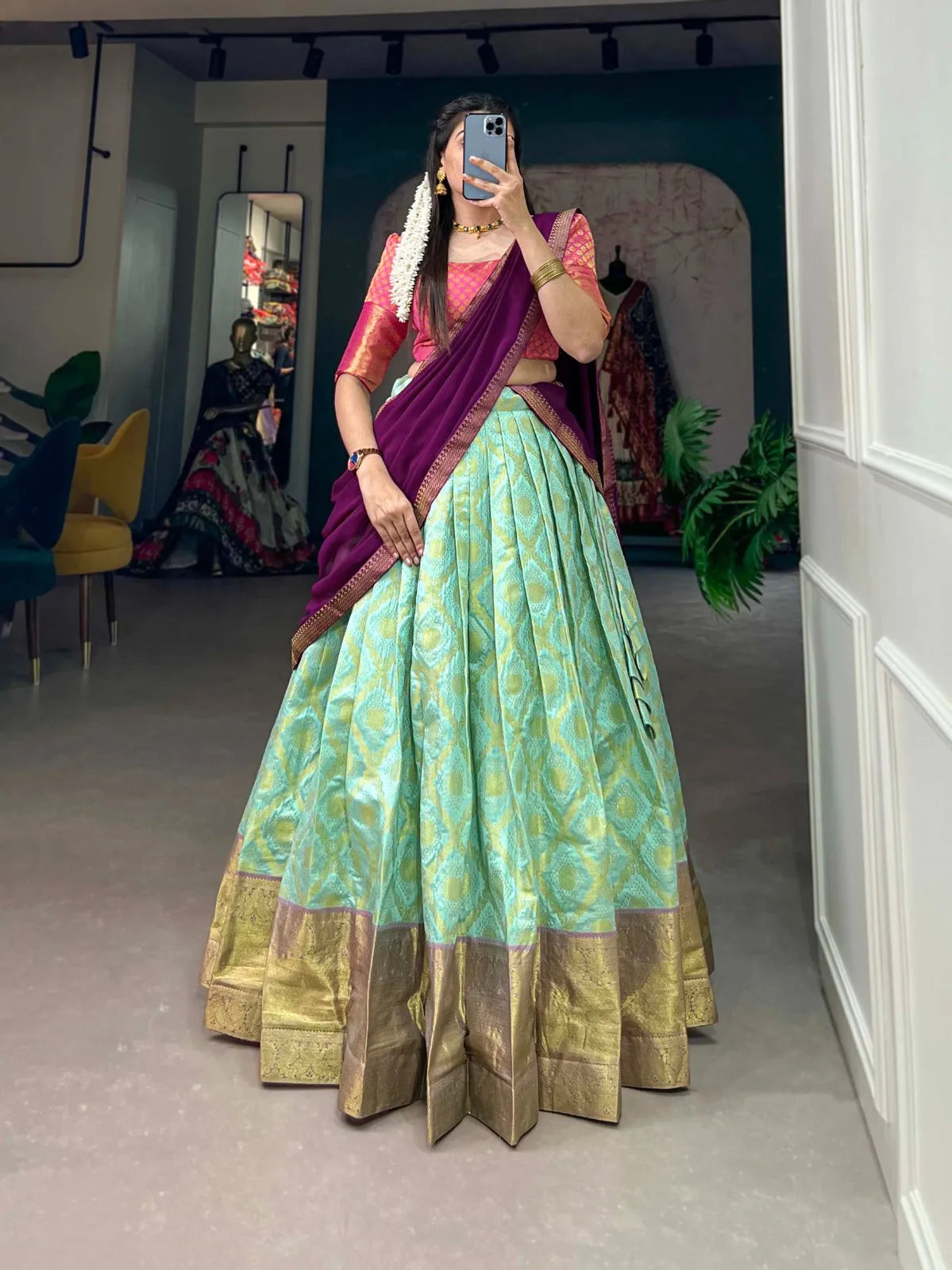 Iconic Jacquard Silk Sea Green Zari Weaved Lehenga Choli Set Discount Choice