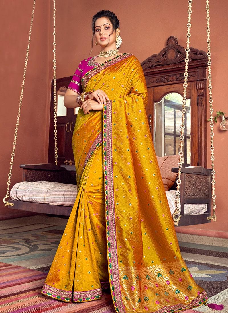 Exquisite Double Blouse Concept Embroidery Work Mustard Color Saree Best Pices For Sale